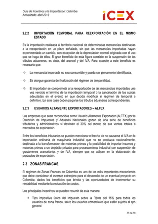 Guía de Incentivos a la Implantación: Colombia
Actualizado: abril 2012
15 de 18
2.2.2 IMPORTACIÓN TEMPORAL PARA REEXPORTAC...