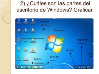 2) ¿Cuáles son las partes del
escritorio de Windows? Graficar.
 
