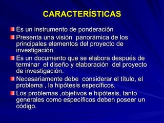 CARACTERÍSTICAS Es un instrumento de ponderación Presenta una visión  panorámica de los  principales elementos del proyecto de investigación. Es un documento que se elabora después de terminar  el diseño y elaboración  del proyecto de investigación. Necesariamente debe  considerar el título, el problema , la hipótesis específicos. Los problemas ,objetivos e hipótesis, tanto generales como específicos deben poseer un código. 