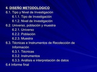 6.  DISEÑO METODOLOGICO 6.1. Tipo y Nivel de Investigación 6.1.1. Tipo de Investigación 6.1.2. Nivel de Investigación 6.2. Universo, población y muestra 6.2.1. Universo 6.2.2. Población 6.2.3. Muestra 6.3. Técnicas e Instrumentos de Recolección de  Información 6.3.1. Técnicas 6.3.2. Instrumentos 6.3.3. Análisis e interpretación de datos  6.4 Informe final 