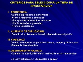 CRITERIOS PARA SELECCIONAR UN TEMA DE INVESTIGACION I.  PERTINENCIA:  Cuando el problema es prioritario: Por su magnitud o extensión Por que afecta a muchas personas Por la seriedad o gravedad Por su importancia II.  AUSENCIA DE DUPLICACION: Cuando el problema no ha sido objeto de investigación III. VIABILIDAD: Cuando se dispone de personal, tiempo, equipo y dinero para  efectuar la investigación IV. ASENTAMIENTO POLITICO: Cuando las autoridades de la  institución están interesadas  en la investigación, y dispuestas a apoyar 