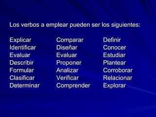 Los verbos a emplear pueden ser los siguientes: Explicar Comparar Definir Identificar Diseñar Conocer Evaluar Evaluar Estudiar Describir Proponer Plantear Formular Analizar    Corroborar Clasificar Verificar Relacionar Determinar Comprender Explorar 