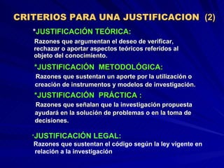 CRITERIOS PARA UNA JUSTIFICACION  (2)   * JUSTIFICACIÓN TEÓRICA:   Razones que argumentan el deseo de verificar,    rechazar o aportar aspectos teóricos referidos al    objeto del conocimiento. *JUSTIFICACIÓN  METODOLÓGICA: Razones que sustentan un aporte por la utilización o  creación de instrumentos y modelos de investigación. *JUSTIFICACIÓN  PRÁCTICA : Razones que señalan que la investigación propuesta  ayudará en la solución de problemas o en la toma de  decisiones. * JUSTIFICACIÓN LEGAL: Razones que sustentan el código según la ley vigente en  relación a la investigación 