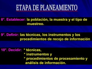 8°. Establecer:  la población, la muestra y el tipo de muestreo. 9°. Definir:   las técnicas, los instrumentos y los  procedimientos de recojo de información 10°. Decidir:   * técnicas, * instrumentos y  * procedimientos de procesamiento y análisis de información. ETAPA DE PLANEAMIENTO 