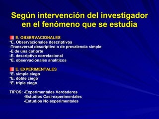 Según intervención del investigador en el fenómeno que se estudia E. OBSERVACIONALES *E. Observacionales descriptivos -Transversal descriptivo o de prevalencia simple -E de una cohorte -E. descriptivo correlacional *E. observacionales analíticos E. EXPERIMENTALES *E. simple ciego *E. doble ciego *E. triple ciego TIPOS: -Experimentales Verdaderos -Estudios Casi-experimentales -Estudios No experimentales 