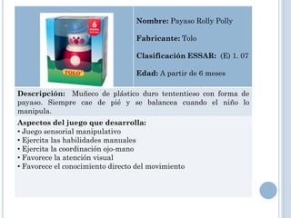 Nombre: Payaso Rolly Polly

                                  Fabricante: Tolo

                                  Clasificación ESSAR: (E) 1. 07

                                  Edad: A partir de 6 meses

Descripción: Muñeco de plástico duro tententieso con forma de
payaso. Siempre cae de pié y se balancea cuando el niño lo
manipula.
Aspectos del juego que desarrolla:
• Juego sensorial manipulativo
• Ejercita las habilidades manuales
• Ejercita la coordinación ojo-mano
• Favorece la atención visual
• Favorece el conocimiento directo del movimiento
 