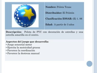Nombre: Pelota Texas

                               Distribuidor: El Pelotón

                               Clasificación ESSAR: (E) 1. 06

                               Edad: A partir de 3 años


Descripción: Pelota de PVC con decoración de estrellas y una
estrella amarilla en el centro.

Aspectos del juego que desarrolla:
• Juego sensorial motor
• Ejercita la motricidad gruesa
• Favorece la coordinación
• Favorece la destreza manual
 