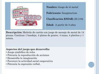Nombre: Juego de té metal

                                    Fabricante: Imaginarium

                                    Clasificación ESSAR: (S) 2.02.

                                    Edad: A partir de 3 años


Descripción: Maletín de cartón con juego de menaje de metal de 14
piezas. Contiene 1 bandeja, 4 platos de postre, 4 tazas, 4 platitos y 1
tetera.



Aspectos del juego que desarrolla:
• Juego simbólico de roles
• Potencia la reproducción de acciones
• Desarrolla la imaginación
• Favorece la actividad social cooperativa
• Potencia la expresión verbal.
 