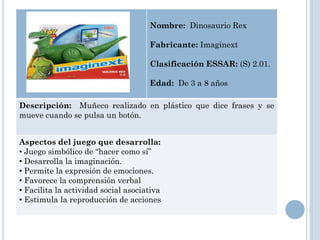 Nombre: Dinosaurio Rex

                                     Fabricante: Imaginext

                                     Clasificación ESSAR: (S) 2.01.

                                     Edad: De 3 a 8 años

Descripción: Muñeco realizado en plástico que dice frases y se
mueve cuando se pulsa un botón.


Aspectos del juego que desarrolla:
• Juego simbólico de “hacer como sí”
• Desarrolla la imaginación.
• Permite la expresión de emociones.
• Favorece la comprensión verbal
• Facilita la actividad social asociativa
• Estimula la reproducción de acciones
 