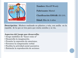 Nombre: Sheriff Woody

                                     Fabricante: Mattel

                                     Clasificación ESSAR: (S) 2.01.

                                     Edad: Más de 4 años

Descripción: Muñeco realizado en plástico y tela, con anilla en la
espalda de la que se tira para que emita sonidos y se ría.


Aspectos del juego que desarrolla:
• Juego simbólico de “hacer como si”
• Desarrolla la imaginación.
• Permite la expresión de emociones.
• Favorece la comprensión verbal
• Facilita la actividad social asociativa
• Estimula la reproducción de acciones
 