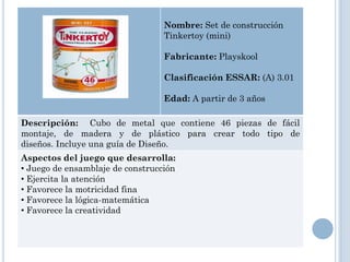 Nombre: Set de construcción
                                  Tinkertoy (mini)

                                  Fabricante: Playskool

                                  Clasificación ESSAR: (A) 3.01

                                  Edad: A partir de 3 años

Descripción: Cubo de metal que contiene 46 piezas de fácil
montaje, de madera y de plástico para crear todo tipo de
diseños. Incluye una guía de Diseño.
Aspectos del juego que desarrolla:
• Juego de ensamblaje de construcción
• Ejercita la atención
• Favorece la motricidad fina
• Favorece la lógica-matemática
• Favorece la creatividad
 
