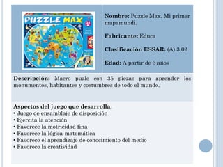 Nombre: Puzzle Max. Mi primer
                                  mapamundi.

                                  Fabricante: Educa

                                  Clasificación ESSAR: (A) 3.02

                                  Edad: A partir de 3 años

Descripción: Macro puzle con 35 piezas para aprender los
monumentos, habitantes y costumbres de todo el mundo.


Aspectos del juego que desarrolla:
• Juego de ensamblaje de disposición
• Ejercita la atención
• Favorece la motricidad fina
• Favorece la lógica-matemática
• Favorece el aprendizaje de conocimiento del medio
• Favorece la creatividad
 