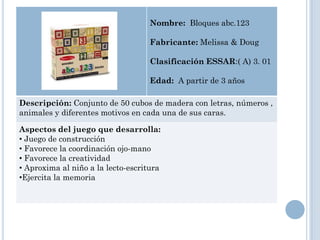 Nombre: Bloques abc.123

                                    Fabricante: Melissa & Doug

                                    Clasificación ESSAR:( A) 3. 01

                                    Edad: A partir de 3 años

Descripción: Conjunto de 50 cubos de madera con letras, números ,
animales y diferentes motivos en cada una de sus caras.

Aspectos del juego que desarrolla:
• Juego de construcción
• Favorece la coordinación ojo-mano
• Favorece la creatividad
• Aproxima al niño a la lecto-escritura
•Ejercita la memoria
 