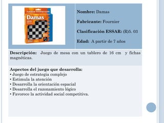 Nombre: Damas

                                    Fabricante: Fournier

                                    Clasificación ESSAR: (R)5. 03

                                    Edad: A partir de 7 años

Descripción: Juego de mesa con un tablero de 16 cm y fichas
magnéticas.

Aspectos del juego que desarrolla:
• Juego de estrategia complejo
• Estimula la atención
• Desarrolla la orientación espacial
• Desarrolla el razonamiento lógico
• Favorece la actividad social competitiva.
 