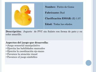 Nombre: Patito de Goma

                                Fabricante: Bud

                                Clasificación ESSAR: (E) 1.07

                                Edad: Todas las edades


Descripción: Juguete de PVC sin ftalato con forma de pato y en
color amarillo.


Aspectos del juego que desarrolla:
• Juego sensorial manipulativo
• Ejercita las habilidades manuales
• Ejercita la coordinación ojo-mano
• Favorece la atención visual
• Favorece el juego simbólico
 