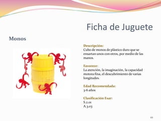 Ficha de Juguete
Monos
        Descripción:
        Cubo de monos de plástico duro que se
        ensartan unos con otros,...