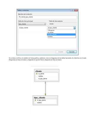 Si se desea verificar el modelo de forma gráfica, podemos crear un diagrama de las tablas haciendo clic derecho en el nodo
Diagramas de base de datos y eligiendo la opción Nuevo diagrama de base de datos.
 