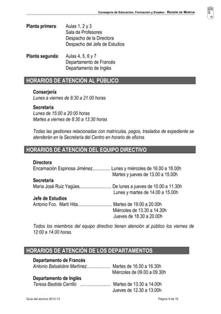 Consejería de Educación, Formación y Empleo - REGIÓN DE MURCIA 
Planta primera: Aulas 1, 2 y 3 
Sala de Profesores 
Despacho de la Directora 
Despacho del Jefe de Estudios 
Planta segunda: Aulas 4, 5, 6 y 7 
Departamento de Francés 
Departamento de Inglés 
HORARIOS DE ATENCIÓN AL PÚBLICO 
Conserjería 
Lunes a viernes de 8:30 a 21:00 horas 
Secretaría 
Lunes de 15:00 a 20:00 horas 
Martes a viernes de 8:30 a 13:30 horas 
Todas las gestiones relacionadas con matrículas, pagos, traslados de expediente se 
atenderán en la Secretaría del Centro en horario de oficina. 
HORARIOS DE ATENCIÓN DEL EQUIPO DIRECTIVO 
Directora 
Encarnación Espinosa Jiménez............... Lunes y miércoles de 16.00 a 18.00h 
Martes y jueves de 13.00 a 15.00h 
Secretaria 
María José Ruiz Yagües........................... De lunes a jueves de 10.00 a 11.30h 
Lunes y martes de 14.00 a 15.00h 
Jefe de Estudios 
Antonio Fco. Martí Hita............................. Martes de 19.00 a 20.00h 
Miércoles de 13.30 a 14.30h 
Jueves de 18.30 a 20.00h 
Todos los miembros del equipo directivo tienen atención al público los viernes de 
12:00 a 14.00 horas. 
HORARIOS DE ATENCIÓN DE LOS DEPARTAMENTOS 
Departamento de Francés 
Antonio Balsalobre Martínez.................... Martes de 16.00 a 16.30h 
Miércoles de 09.00 a 09.30h 
Departamento de Inglés 
Teresa Bastida Carrillo .......................... Martes de 13.30 a 14.00h 
Jueves de 12.30 a 13.00h 
Guía del alumno 2012-13 Página 9 de 16 
 