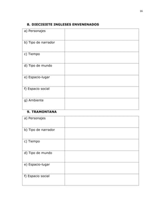 16
8. DIECISIETE INGLESES ENVENENADOS
a) Personajes
b) Tipo de narrador
c) Tiempo
d) Tipo de mundo
e) Espacio-lugar
f) Espacio social
g) Ambiente
9. TRAMONTANA
a) Personajes
b) Tipo de narrador
c) Tiempo
d) Tipo de mundo
e) Espacio-lugar
f) Espacio social
 