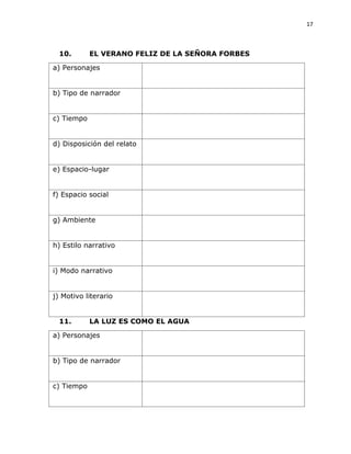 17
10. EL VERANO FELIZ DE LA SEÑORA FORBES
a) Personajes
b) Tipo de narrador
c) Tiempo
d) Disposición del relato
e) Espacio-lugar
f) Espacio social
g) Ambiente
h) Estilo narrativo
i) Modo narrativo
j) Motivo literario
11. LA LUZ ES COMO EL AGUA
a) Personajes
b) Tipo de narrador
c) Tiempo
 