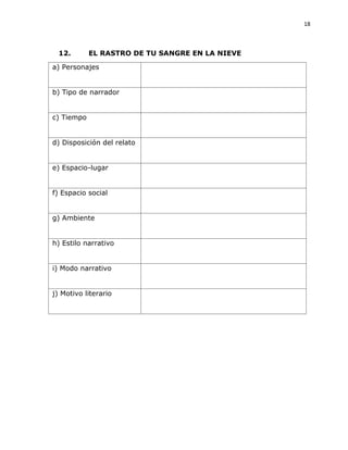 18
12. EL RASTRO DE TU SANGRE EN LA NIEVE
a) Personajes
b) Tipo de narrador
c) Tiempo
d) Disposición del relato
e) Espacio-lugar
f) Espacio social
g) Ambiente
h) Estilo narrativo
i) Modo narrativo
j) Motivo literario
 