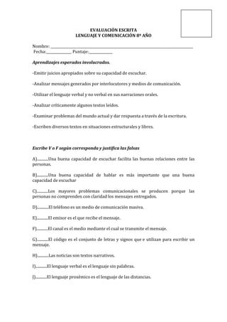 EVALUACIÓN ESCRITA
                         LENGUAJE Y COMUNICACIÓN 8º AÑO

Nombre: ____________________________________________________________________________________
Fecha:_______________ Puntaje:______________

Aprendizajes esperados involucrados.

-Emitir juicios apropiados sobre su capacidad de escuchar.

-Analizar mensajes generados por interlocutores y medios de comunicación.

-Utilizar el lenguaje verbal y no verbal en sus narraciones orales.

-Analizar críticamente algunos textos leídos.

-Examinar problemas del mundo actual y dar respuesta a través de la escritura.

-Escriben diversos textos en situaciones estructurales y libres.



Escribe V o F según corresponda y justifica las falsas

A)............Una buena capacidad de escuchar facilita las buenas relaciones entre las
personas.

B)............Una buena capacidad de hablar es más importante que una buena
capacidad de escuchar

C)............Los mayores problemas comunicacionales se producen porque las
personas no comprenden con claridad los mensajes entregados.

D)............El teléfono es un medio de comunicación masiva.

E)............El emisor es el que recibe el mensaje.

F)............El canal es el medio mediante el cual se transmite el mensaje.

G)............El código es el conjunto de letras y signos que e utilizan para escribir un
mensaje.

H)............Las noticias son textos narrativos.

I)............El lenguaje verbal es el lenguaje sin palabras.

J)............El lenguaje proxémico es el lenguaje de las distancias.
 