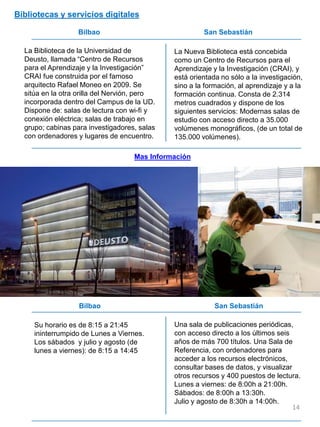 Su horario es de 8:15 a 21:45
ininterrumpido de Lunes a Viernes.
Los sábados y julio y agosto (de
lunes a viernes): de 8:15 a 14:45
Una sala de publicaciones periódicas,
con acceso directo a los últimos seis
años de más 700 títulos. Una Sala de
Referencia, con ordenadores para
acceder a los recursos electrónicos,
consultar bases de datos, y visualizar
otros recursos y 400 puestos de lectura.
Lunes a viernes: de 8:00h a 21:00h.
Sábados: de 8:00h a 13:30h.
Julio y agosto de 8:30h a 14:00h.
Bilbao San Sebastián
Bibliotecas y servicios digitales
Bilbao San Sebastián
La Biblioteca de la Universidad de
Deusto, llamada “Centro de Recursos
para el Aprendizaje y la Investigación”
CRAI fue construida por el famoso
arquitecto Rafael Moneo en 2009. Se
sitúa en la otra orilla del Nervión, pero
incorporada dentro del Campus de la UD.
Dispone de: salas de lectura con wi-fi y
conexión eléctrica; salas de trabajo en
grupo; cabinas para investigadores, salas
con ordenadores y lugares de encuentro.
La Nueva Biblioteca está concebida
como un Centro de Recursos para el
Aprendizaje y la Investigación (CRAI), y
está orientada no sólo a la investigación,
sino a la formación, al aprendizaje y a la
formación continua. Consta de 2.314
metros cuadrados y dispone de los
siguientes servicios: Modernas salas de
estudio con acceso directo a 35.000
volúmenes monográficos, (de un total de
135.000 volúmenes).
Mas Información
14
 