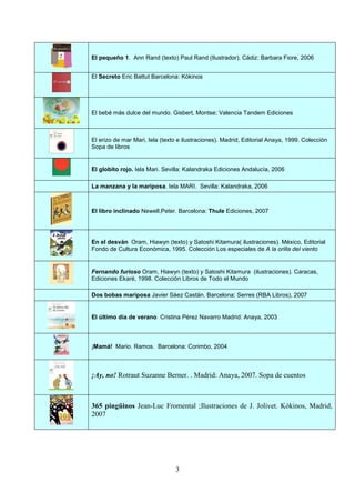 El pequeño 1. Ann Rand (texto) Paul Rand (Ilustrador). Cádiz: Barbara Fiore, 2006


El Secreto Eric Battut Barcelona: Kókinos




El bebé más dulce del mundo. Gisbert, Montse; Valencia Tandem Ediciones



El erizo de mar Mari, Iela (texto e ilustraciones). Madrid, Editorial Anaya, 1999. Colección
Sopa de libros


El globito rojo. Iela Mari. Sevilla: Kalandraka Ediciones Andalucía, 2006

La manzana y la mariposa. Iela MARI. Sevilla: Kalandraka, 2006



El libro inclinado Newell,Peter. Barcelona: Thule Ediciones, 2007




En el desván Oram, Hiawyn (texto) y Satoshi Kitamura( ilustraciones). México, Editorial
Fondo de Cultura Económica, 1995. Colección Los especiales de A la orilla del viento


Fernando furioso Oram, Hiawyn (texto) y Satoshi Kitamura (ilustraciones). Caracas,
Ediciones Ekaré, 1998. Colección Libros de Todo el Mundo

Dos bobas mariposa Javier Sáez Castán. Barcelona: Serres (RBA Libros), 2007


El último día de verano Cristina Pérez Navarro Madrid: Anaya, 2003



¡Mamá! Mario. Ramos. Barcelona: Corimbo, 2004



¡Ay, no! Rotraut Suzanne Berner. . Madrid: Anaya, 2007. Sopa de cuentos



365 pingüinos Jean-Luc Fromental ;Ilustraciones de J. Jolivet. Kókinos, Madrid,
2007




                                3
 