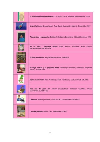 El nuevo libro del abecedario K. P. Moritz y W.E. Erlbruch Bárbara Fiore. 2005




Una niña Carlos Grassa(texto), Pep Carrió (ilustración) Madrid: Sinsentido, 2007




Tú grande y yo pequeño. Solotareff, Grégoire Barcelona, Editorial Corimbo, 1998




No es fácil, pequeña ardilla. Elisa Ramón; ilustrador: Rosa Osuna;
KALANDRAKA ANDALUCÍA




El libro en el libro. Jörg Müller Barcelona: SERRES




El viejo Tomás y la pequeña hada        Dominique Demers; Ilustrador: Stéphane
Poulin; JUVENTUD




Sapo enamorado. Max Velthuijs; Max Velthuijs; EDICIONES EKARÉ



Más allá del gran río. ARMIN BEUSCHER; Ilustrador: CORNEL HAAS;
EDITORIAL JUVENTUD




Cambios. Anthony Browne; FONDO DE CULTURA ECONÓMICA




La cosa perdida .Shaun Tan; BARBARA FIORE




                          8
 