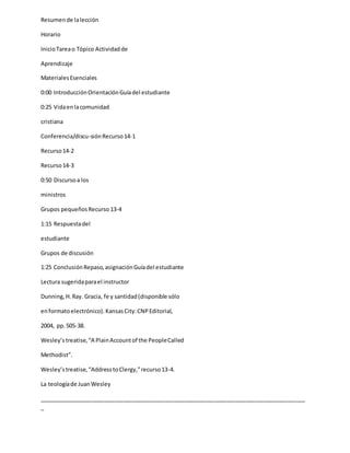Resumende lalección
Horario
InicioTareao Tópico Actividadde
Aprendizaje
MaterialesEsenciales
0:00 IntroducciónOrientaciónGuíadel estudiante
0:25 Vidaenlacomunidad
cristiana
Conferencia/discu-siónRecurso14-1
Recurso14-2
Recurso14-3
0:50 Discursoa los
ministros
Grupos pequeñosRecurso 13-4
1:15 Respuestadel
estudiante
Grupos de discusión
1:25 ConclusiónRepaso,asignaciónGuíadel estudiante
Lectura sugeridaparael instructor
Dunning,H.Ray. Gracia, fe y santidad(disponible sólo
enformatoelectrónico).KansasCity:CNPEditorial,
2004, pp.505-38.
Wesley’streatise,“A PlainAccountof the PeopleCalled
Methodist”.
Wesley’streatise,“AddresstoClergy,”recurso13-4.
La teologíade JuanWesley
_____________________________________________________________________________________
_
 