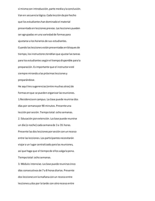 sí mismacon introducción,parte mediaylaconclusión.
Vanen secuencialógica.Cadaleccióndaporhecho
que losestudianteshandominadoel material
presentadoenleccionesprevias.Lasleccionespueden
seragrupadas enuna variedadde formaspara
ajustarse a loshorariosde sus estudiantes.
Cuandolasleccionesestánpresentadasenbloquesde
tiempo,losinstructorestendríanque ajustarlastareas
para losestudiantessegúnel tiempodisponible parala
preparación.Esimportante que el instructoresté
siempre mirandoalaspróximasleccionesy
preparándose.
He aquí tres sugerencias(entre muchasotras) de
formasenque se puedenorganizarlasreuniones.
1.Residenciaencampus.Laclase puede reunirse dos
días por semanapor 90 minutos.Presenteuna
lecciónporsesión.Tiempototal:ochosemanas.
2. Educación porextensión.Laclase puede reunirse
un día (o noche) cadasemanade 3 a 3½ horas.
Presente lasdosleccionesporsesiónconunreceso
entre laslecciones.Losparticipantesnecesitarán
viajara un lugar centralizadoparalasreuniones,
así que haga que el tiempode ellosvalgalapena.
Tiempototal:ochosemanas.
3. Módulo intensivo.Laclase puede reunirsecinco
días consecutivosde 7 a 8 horasdiarias.Presente
dos leccionesenlamañanaconun recesoentre
leccionesydospor latarde con otrorecesoentre
 