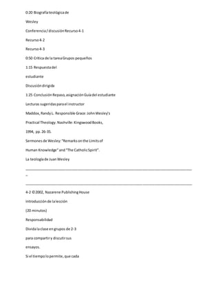 0:20 Biografíateológicade
Wesley
Conferencia/discusiónRecurso4-1
Recurso4-2
Recurso4-3
0:50 Crítica de la tareaGrupos pequeños
1:15 Respuestadel
estudiante
Discusióndirigida
1:25 ConclusiónRepaso,asignaciónGuíadel estudiante
Lecturas sugeridasparael instructor
Maddox,RandyL. Responsible Grace:JohnWesley’s
Practical Theology.Nashville:KingswoodBooks,
1994, pp.26-35.
Sermones de Wesley:“Remarksonthe Limitsof
Human Knowledge”and“The CatholicSpirit”.
La teologíade JuanWesley
_____________________________________________________________________________________
_
_____________________________________________________________________________________
4-2 ©2002, Nazarene PublishingHouse
Introducciónde lalección
(20 minutos)
Responsabilidad
Dividalaclase engrupos de 2-3
para compartiry discutirsus
ensayos.
Si el tiempolopermite,que cada
 