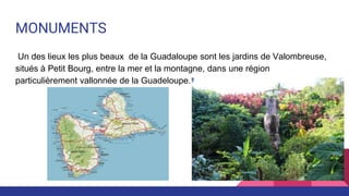 MONUMENTS
Un des lieux les plus beaux de la Guadaloupe sont les jardins de Valombreuse,
situés à Petit Bourg, entre la mer et la montagne, dans une région
particulièrement vallonnée de la Guadeloupe.
 
