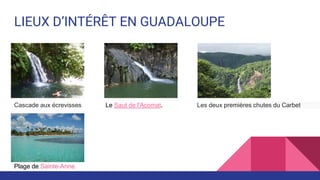 LIEUX D’INTÉRÊT EN GUADALOUPE
Cascade aux écrevisses Le Saut de l'Acomat. Les deux premières chutes du Carbet
Plage de Sainte-Anne
 