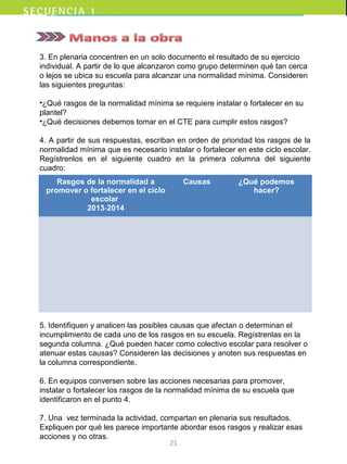 3. En plenaria concentren en un solo documento el resultado de su ejercicio
individual. A partir de lo que alcanzaron como grupo determinen qué tan cerca
o lejos se ubica su escuela para alcanzar una normalidad mínima. Consideren
las siguientes preguntas:
•¿Qué rasgos de la normalidad mínima se requiere instalar o fortalecer en su
plantel?
•¿Qué decisiones debemos tomar en el CTE para cumplir estos rasgos?
4. A partir de sus respuestas, escriban en orden de prioridad los rasgos de la
normalidad mínima que es necesario instalar o fortalecer en este ciclo escolar.
Regístrenlos en el siguiente cuadro en la primera columna del siguiente
cuadro:
.
5. Identifiquen y analicen las posibles causas que afectan o determinan el
incumplimiento de cada uno de los rasgos en su escuela. Regístrenlas en la
segunda columna. ¿Qué pueden hacer como colectivo escolar para resolver o
atenuar estas causas? Consideren las decisiones y anoten sus respuestas en
la columna correspondiente.
6. En equipos conversen sobre las acciones necesarias para promover,
instalar o fortalecer los rasgos de la normalidad mínima de su escuela que
identificaron en el punto 4.
7. Una vez terminada la actividad, compartan en plenaria sus resultados.
Expliquen por qué les parece importante abordar esos rasgos y realizar esas
acciones y no otras.
21
Rasgos de la normalidad a
promover o fortalecer en el ciclo
escolar
2013-2014
Causas ¿Qué podemos
hacer?
 