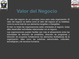 Valor del Negocio
El valor del negocio es un concepto único para cada organización. El
valor del negocio se define como el valor del negocio en su totalidad,
como la suma total de sus elementos tangibles e intangibles.
Si bien no todas las organizaciones están orientadas al negocio, todas
ellas desarrollan actividades relacionadas con el negocio.
Las organizaciones pueden facilitar aún más el alineamiento entre las
actividades de dirección de portafolios, dirección de programas y
dirección de proyectos fortaleciendo los elementos facilitadores de la
organización, tales como las prácticas estructurales, culturales,
tecnológicas y de recursos humanos.
 