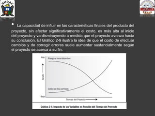 • La capacidad de influir en las características finales del producto del
proyecto, sin afectar significativamente el costo, es más alta al inicio
del proyecto y va disminuyendo a medida que el proyecto avanza hacia
su conclusión. El Gráfico 2-9 ilustra la idea de que el costo de efectuar
cambios y de corregir errores suele aumentar sustancialmente según
el proyecto se acerca a su fin.
 