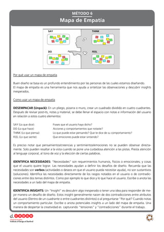 Por qué usar un mapa de empatía
Buen diseño se basa es un profundo entendimiento por las personas de las cuales estamos diseñando.
El mapa de empatía es una herramienta que nos ayuda a sintetizar las observaciones y descubrir insights
inesperados.
Como usar un mapa de empatía
DESEMPACAR (Unpack): En un pliego, pizarra o muro, crear un cuadrado dividido en cuatro cuadrantes.
Después de revisar post-its, notas y material, se debe llenar el espacio con notas e información del usuario
en relación a estos cuatro elementos:
SAY (Lo que dice): 		 Frases que el usuario haya dicho?
DO (Lo que hace): 		 Acciones y comportamientos que notaste?
THINK (Lo que piensa):		 Lo que puede estar pensando? Que te dice de su comportamiento?
FEEL (Lo que siente): 		 Que emociones puede estar sintiendo?
Es preciso notar que pensamientos/creencias y sentimientos/emociones no se pueden observar directa-
mente. Solo pueden resaltar a la vista cuando se pone una cuidadosa atención a las pistas. Presta atención
al lenguaje corporal, al tono de voz y la elección de ciertas palabras.
IDENTIFICA NECESIDADES: “Necesidades” son requerimientos humanos, físicos o emocionales; y cosas
que el usuario quiere lograr. Las necesidades ayudan a definir los desafíos de diseño. Recuerda que las
necesidades son verbos (actividades o deseos en que el usuario pueda necesitar ayuda), no son sustantivos
(soluciones). Identifica las necesidades directamente de los rasgos notados en el usuario o de contradic-
ciones entre dos temas distintos. Como por ejemplo lo que dice y lo que hace el usuario. Escribe o anota las
necesidades a un lado del mapa de empatía.
IDENTIFICA INSIGHTS: Un “Insight” es descubrir algo inesperado o tener una idea para responder de me-
jor manera un desafío de diseño. Estos insight generalmente nacen de dos contradicciones entre atributos
del usuario (Dentro de un cuadrante o entre cuadrantes distintos) o al preguntarse “Por qué? Cuando notas
un comportamiento particular. Escribe o anota potenciales insights a un lado del mapa de empatía. Una
manera de despertar la creatividad es capturando “tensiones” y “contradicciones” durante el trabajo.
MÉTODO 6
Mapa de Empatía
SAY
DO FEEL
THINK
 