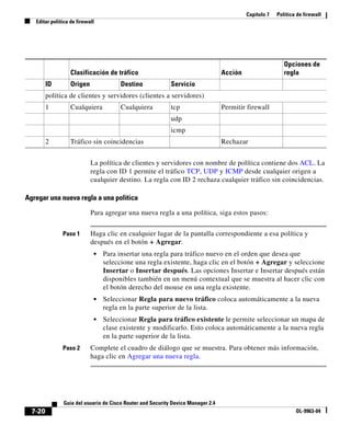 Capítulo 7 Política de firewall
Editar política de firewall
7-20
Guía del usuario de Cisco Router and Security Device Manager 2.4
OL-9963-04
La política de clientes y servidores con nombre de política contiene dos ACL. La
regla con ID 1 permite el tráfico TCP, UDP y ICMP desde cualquier origen a
cualquier destino. La regla con ID 2 rechaza cualquier tráfico sin coincidencias.
Agregar una nueva regla a una política
Para agregar una nueva regla a una política, siga estos pasos:
Paso 1 Haga clic en cualquier lugar de la pantalla correspondiente a esa política y
después en el botón + Agregar.
• Para insertar una regla para tráfico nuevo en el orden que desea que
seleccione una regla existente, haga clic en el botón + Agregar y seleccione
Insertar o Insertar después. Las opciones Insertar e Insertar después están
disponibles también en un menú contextual que se muestra al hacer clic con
el botón derecho del mouse en una regla existente.
• Seleccionar Regla para nuevo tráfico coloca automáticamente a la nueva
regla en la parte superior de la lista.
• Seleccionar Regla para tráfico existente le permite seleccionar un mapa de
clase existente y modificarlo. Esto coloca automáticamente a la nueva regla
en la parte superior de la lista.
Paso 2 Complete el cuadro de diálogo que se muestra. Para obtener más información,
haga clic en Agregar una nueva regla.
Clasificación de tráfico Acción
Opciones de
regla
ID Origen Destino Servicio
política de clientes y servidores (clientes a servidores)
1 Cualquiera Cualquiera tcp Permitir firewall
udp
icmp
2 Tráfico sin coincidencias Rechazar
 