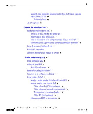 Contenido
xxiv
Guía del usuario de Cisco Router and Security Device Manager 2.4
OL-9963-04
Asistente para migración: Seleccione el archivo de firma de copia de
seguridad de IOS IPS 64
Archivo de firma 65
Java Heap Size 65
Gestión del módulo de red 1
Gestión del módulo de red IDS 1
Dirección IP de la interfaz del sensor IDS 3
Determinación de la dirección IP 4
Lista de verificación de la configuración del módulo de red IDS 5
Configuración de supervisión de la interfaz del módulo de red IDS 7
Inicio de sesión del módulo de red 7
Función No disponible 7
Selección de interfaz del módulo de switch 7
Calidad de servicio (QoS) 1
Crear política de QoS 1
Asistente para QoS 2
Selección de Interfaz 2
Generación de la política de QoS 3
Resumen de la configuración de QoS 3
Editar política de QoS 5
Asociar o anular asociación de la política de QoS 8
Agregar o editar una clase de QoS 8
Editar valores DSCP de coincidencia 10
Editar valores de protocolo de coincidencia 10
Agregar protocolos personalizados 11
Editar ACL de coincidencia 11
Editar valores DSCP de coincidencia 11
 