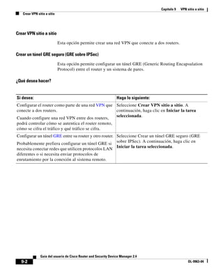 Capítulo 9 VPN sitio a sitio
Crear VPN sitio a sitio
9-2
Guía del usuario de Cisco Router and Security Device Manager 2.4
OL-9963-04
Crear VPN sitio a sitio
Esta opción permite crear una red VPN que conecte a dos routers.
Crear un túnel GRE seguro (GRE sobre IPSec)
Esta opción permite configurar un túnel GRE (Generic Routing Encapsulation
Protocol) entre el router y un sistema de pares.
¿Qué desea hacer?
Si desea: Haga lo siguiente:
Configurar el router como parte de una red VPN que
conecte a dos routers.
Cuando configure una red VPN entre dos routers,
podrá controlar cómo se autentica el router remoto,
cómo se cifra el tráfico y qué tráfico se cifra.
Seleccione Crear VPN sitio a sitio. A
continuación, haga clic en Iniciar la tarea
seleccionada.
Configurar un túnel GRE entre su router y otro router.
Probablemente prefiera configurar un túnel GRE si
necesita conectar redes que utilicen protocolos LAN
diferentes o si necesita enviar protocolos de
enrutamiento por la conexión al sistema remoto.
Seleccione Crear un túnel GRE seguro (GRE
sobre IPSec). A continuación, haga clic en
Iniciar la tarea seleccionada.
 