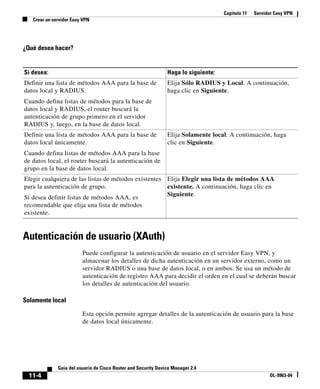 Capítulo 11 Servidor Easy VPN
Crear un servidor Easy VPN
11-4
Guía del usuario de Cisco Router and Security Device Manager 2.4
OL-9963-04
¿Qué desea hacer?
Autenticación de usuario (XAuth)
Puede configurar la autenticación de usuario en el servidor Easy VPN, y
almacenar los detalles de dicha autenticación en un servidor externo, como un
servidor RADIUS o una base de datos local, o en ambos. Se usa un método de
autenticación de registro AAA para decidir el orden en el cual se deberán buscar
los detalles de autenticación del usuario.
Solamente local
Esta opción permite agregar detalles de la autenticación de usuario para la base
de datos local únicamente.
Si desea: Haga lo siguiente:
Definir una lista de métodos AAA para la base de
datos local y RADIUS.
Cuando defina listas de métodos para la base de
datos local y RADIUS, el router buscará la
autenticación de grupo primero en el servidor
RADIUS y, luego, en la base de datos local.
Elija Sólo RADIUS y Local. A continuación,
haga clic en Siguiente.
Definir una lista de métodos AAA para la base de
datos local únicamente.
Cuando defina listas de métodos AAA para la base
de datos local, el router buscará la autenticación de
grupo en la base de datos local.
Elija Solamente local. A continuación, haga
clic en Siguiente.
Elegir cualquiera de las listas de métodos existentes
para la autenticación de grupo.
Si desea definir listas de métodos AAA, es
recomendable que elija una lista de métodos
existente.
Elija Elegir una lista de métodos AAA
existente. A continuación, haga clic en
Siguiente.
 