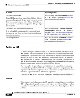 Capítulo 16 Intercambio de claves por Internet
Intercambio de claves por Internet (IKE)
16-2
Guía del usuario de Cisco Router and Security Device Manager 2.4
OL-9963-04
Políticas IKE
Es preciso proteger las negociaciones IKE; por consiguiente, cada negociación
IKE empieza con la configuración de una política IKE común (compartida) en
ambos pares. Esta política indica qué parámetros de seguridad se utilizarán para
proteger las negociaciones IKE posteriores. Esta ventana muestra las políticas
IKE configuradas en el router y además permite agregar, editar y quitar políticas
IKE de la configuración del router. Si no hay ninguna política IKE configurada en
el router, esta ventana mostrará la política IKE por defecto.
Una vez que los dos pares hayan acordado el uso de una política común, una
asociación de seguridad establecida en cada par identificará los parámetros de
seguridad de la mencionada política. Estas asociaciones de seguridad se aplicarán
durante la negociación a todo el tráfico IKE posterior.
Las políticas IKE de esta lista están disponibles para todas las conexiones VPN.
Prioridad
Número entero que indica la prioridad de la política en relación con otras políticas
IKE configuradas. Asigne los números más bajos a las políticas IKE que prefiere
que utilice el router. Durante las negociaciones, el router ofrecerá primero dichas
políticas.
Crear una política IKE.
Cisco SDM proporciona una política IKE por defecto,
aunque no hay garantía de que la del par sea la misma.
Es aconsejable configurar más políticas IKE a fin de
que el router pueda ofrecer una política IKE que el par
pueda aceptar.
Haga clic en el nodo Política IKE del árbol
de VPN. Consulte el apartado Políticas IKE
para obtener más información.
Crear una clave previamente compartida.
Si se utiliza IKE, los pares de los extremos deberán
intercambiar una clave previamente compartida para
autenticarse entre sí.
Haga clic en el nodo Clave previamente
compartida del árbol de VPN. Consulte el
apartado Claves previamente compartidas
de IKE para obtener más información.
Crear un perfil IKE. Haga clic en el nodo Perfil IKE del árbol
VPN. Consulte el apartado Perfiles IKE
para obtener más información.
Si desea: Haga lo siguiente:
 