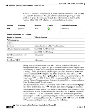 Capítulo 19 VPN con SSL de Cisco IOS
Contextos, gateways y políticas VPN con SSL de Cisco IOS
19-48
Guía del usuario de Cisco Router and Security Device Manager 2.4
OL-9963-04
Cuando se envía esta configuración, el router tiene un contexto de VPN con SSL
de Cisco IOS denominado Asia, un gateway denominado gateway_1 y una
política de grupo denominada policy_1. Esta información se muestra en la
ventana Editar SSL VPN tal como se indica en la tabla siguiente:
policy_1 proporciona el servicio de VPN con SSL de Cisco IOS básico de
manipulación de URL y especifica que se establezca un solo túnel completo entre
los clientes y el router. No se configuran más funciones. Puede añadir funciones
a policy_1 como, por ejemplo, Cliente ligero y Sistema de archivos de Internet
común seleccionando Configurar funciones avanzadas para un SSL VPN
existente, seleccionando Asia y policy_1 en la ventana Seleccionar el grupo de
usuarios de VPN con SSL de Cisco IOS, y seleccionando las funciones en la
ventana Características avanzadas. En este asistente también se pueden configurar
listas de direcciones URL adicionales.
Puede crear una nueva política de grupo en el contexto “Asia” seleccionando Agregar
una nueva política a un SSL VPN existente para un nuevo grupo de usuarios.
Puede personalizar los ajustes y las políticas configuradas para el contexto Asia
seleccionando Asia en la lista de contextos y haciendo clic en Editar. La ventana
Editar contexto SSL VPN Asia muestra un árbol que permite configurar otros
recursos para el contexto, y editar y configurar políticas adicionales. Puede editar
los ajustes de gateway_1 haciendo clic en Gateways SSL VPN en el nodo de SSL
VPN, seleccionando gateway_1 y haciendo clic en Editar.
Nombre Gateway Dominio Estado Estado administrativo
Asia gateway_1 Asia En servicio
Detalles del contexto SSL VPN Asia:
Nombre de elemento Valor de elemento
Políticas de grupo
policy_1
Servicios Manipulación de URL, Túnel completo
URL mostradas a los usuarios http://172.16.5.5/pricelist
http://172.16.5.5/catalog
Servidores mostrados a los
usuarios
<Ninguno>
Servidores WINS <Ninguno>
 