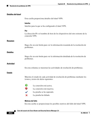 Capítulo 20 Resolución de problemas de VPN
Resolución de problemas de VPN
20-2
Guía del usuario de Cisco Router and Security Device Manager 2.4
OL-9963-04
Detalles del túnel
Esta casilla proporciona detalles del túnel VPN.
Interfaz
Interfaz para la que se ha configurado el túnel VPN.
Par
La dirección IP o el nombre de host de los dispositivos del otro extremo de la
conexión VPN.
Resumen
Haga clic en este botón para ver la información resumida de la resolución de
problemas.
Detalles
Haga clic en este botón para ver la información detallada de la resolución de
problemas.
Actividad
En esta columna se muestran las actividades de resolución de problemas.
Estado
Muestra el estado de cada actividad de resolución de problemas mediante los
iconos y textos de alerta siguientes:
Motivos del fallo
En esta casilla se proporcionan los posibles motivos del fallo del túnel VPN.
La conexión está activa.
La conexión está inactiva.
La prueba se ha superado.
La prueba ha fallado.
 