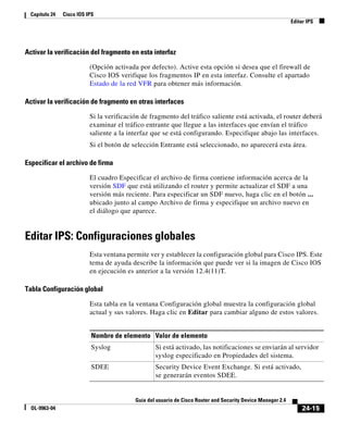 24-15
Guía del usuario de Cisco Router and Security Device Manager 2.4
OL-9963-04
Capítulo 24 Cisco IOS IPS
Editar IPS
Activar la verificación del fragmento en esta interfaz
(Opción activada por defecto). Active esta opción si desea que el firewall de
Cisco IOS verifique los fragmentos IP en esta interfaz. Consulte el apartado
Estado de la red VFR para obtener más información.
Activar la verificación de fragmento en otras interfaces
Si la verificación de fragmento del tráfico saliente está activada, el router deberá
examinar el tráfico entrante que llegue a las interfaces que envían el tráfico
saliente a la interfaz que se está configurando. Especifique abajo las interfaces.
Si el botón de selección Entrante está seleccionado, no aparecerá esta área.
Especificar el archivo de firma
El cuadro Especificar el archivo de firma contiene información acerca de la
versión SDF que está utilizando el router y permite actualizar el SDF a una
versión más reciente. Para especificar un SDF nuevo, haga clic en el botón ...
ubicado junto al campo Archivo de firma y especifique un archivo nuevo en
el diálogo que aparece.
Editar IPS: Configuraciones globales
Esta ventana permite ver y establecer la configuración global para Cisco IPS. Este
tema de ayuda describe la información que puede ver si la imagen de Cisco IOS
en ejecución es anterior a la versión 12.4(11)T.
Tabla Configuración global
Esta tabla en la ventana Configuración global muestra la configuración global
actual y sus valores. Haga clic en Editar para cambiar alguno de estos valores.
Nombre de elemento Valor de elemento
Syslog Si está activado, las notificaciones se enviarán al servidor
syslog especificado en Propiedades del sistema.
SDEE Security Device Event Exchange. Si está activado,
se generarán eventos SDEE.
 