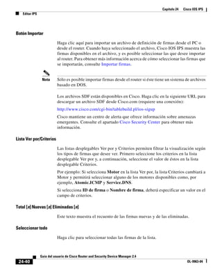Capítulo 24 Cisco IOS IPS
Editar IPS
24-40
Guía del usuario de Cisco Router and Security Device Manager 2.4
OL-9963-04
Botón Importar
Haga clic aquí para importar un archivo de definición de firmas desde el PC o
desde el router. Cuando haya seleccionado el archivo, Cisco IOS IPS muestra las
firmas disponibles en el archivo, y es posible seleccionar las que desee importar
al router. Para obtener más información acerca de cómo seleccionar las firmas que
se importarán, consulte Importar firmas.
Nota Sólo es posible importar firmas desde el router si éste tiene un sistema de archivos
basado en DOS.
Los archivos SDF están disponibles en Cisco. Haga clic en la siguiente URL para
descargar un archivo SDF desde Cisco.com (requiere una conexión):
http://www.cisco.com/cgi-bin/tablebuild.pl/ios-sigup
Cisco mantiene un centro de alerta que ofrece información sobre amenazas
emergentes. Consulte el apartado Cisco Security Center para obtener más
información.
Lista Ver por/Criterios
Las listas desplegables Ver por y Criterios permiten filtrar la visualización según
los tipos de firmas que desee ver. Primero seleccione los criterios en la lista
desplegable Ver por y, a continuación, seleccione el valor de éstos en la lista
desplegable Criterios.
Por ejemplo: Si selecciona Motor en la lista Ver por, la lista Criterios cambiará a
Motor y permitirá seleccionar alguno de los motores disponibles como, por
ejemplo, Atomic.ICMP y Service.DNS.
Si selecciona ID de firma o Nombre de firma, deberá especificar un valor en el
campo de criterios.
Total [n] Nuevas [n] Eliminadas [n]
Este texto muestra el recuento de las firmas nuevas y de las eliminadas.
Seleccionar todo
Haga clic para seleccionar todas las firmas de la lista.
 