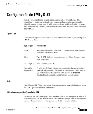 4-19
Guía del usuario de Cisco Router and Security Device Manager 2.4
OL-9963-04
Capítulo 4 Asistentes para crear conexiones
Configuración de LMI y DLCI
Configuración de LMI y DLCI
Si está configurando una conexión con encapsulación Frame Relay, debe
especificar el protocolo utilizado para supervisar la conexión, denominado
Identificador de gestión local (LMI), y proporcionar un identificador exclusivo
para esta conexión concreta, denominado Identificador de conexión de enlace de
datos (DLCI).
Tipo de LMI
Consulte con el proveedor de servicios para saber cuáles de los siguientes tipos de
LMI debe utilizar.
DLCI
Especifique el DLCI en este campo. Este número debe ser exclusivo entre todos
los DLCI que se utilizan en esta interfaz.
Utilice la encapsulación Frame Relay IETF
Encapsulación Internet Engineering Task Force (IETF). Esta opción se utiliza al
establecer conexión con routers que no son de Cisco. Marque esta casilla si se está
tratando de conectar a un router que no sea de Cisco en esta interfaz.
Tipo de LMI Descripción
ANSI Anexo D definido por la norma T1.617 del American National
Standards Institute (ANSI).
Cisco Tipo de LMI definido conjuntamente por Cisco Systems y tres
otras empresas.
ITU-T Q.933 ITU-T Q.933 Anexo A.
Detección
automática
El valor por defecto. Este parámetro permite al router detectar el
tipo de LMI que se está utilizando al comunicarse con el switch
y, a continuación, utilizar dicho tipo. Si falla la detección
automática, el router utilizará el tipo de LMI de Cisco.
 
