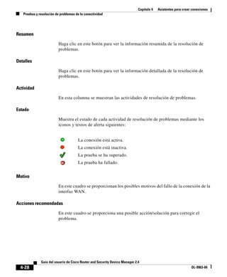 Capítulo 4 Asistentes para crear conexiones
Pruebas y resolución de problemas de la conectividad
4-28
Guía del usuario de Cisco Router and Security Device Manager 2.4
OL-9963-04
Resumen
Haga clic en este botón para ver la información resumida de la resolución de
problemas.
Detalles
Haga clic en este botón para ver la información detallada de la resolución de
problemas.
Actividad
En esta columna se muestran las actividades de resolución de problemas.
Estado
Muestra el estado de cada actividad de resolución de problemas mediante los
iconos y textos de alerta siguientes:
Motivo
En este cuadro se proporcionan los posibles motivos del fallo de la conexión de la
interfaz WAN.
Acciones recomendadas
En este cuadro se proporciona una posible acción/solución para corregir el
problema.
La conexión está activa.
La conexión está inactiva.
La prueba se ha superado.
La prueba ha fallado.
 