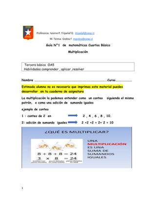 1
Profesoras: Ivonne P. Tripailaf Q itripailaf@cesp.cl
M. Teresa Godoy F mgodoy@cesp.cl
Guía N°1 de matemáticas Cuartos Básico
Multiplicación
Tercero básico OA5
Habilidades comprender , aplicar ,resolver
Nombre …………………………………………………………………………………………..Curso……………………
Estimada alumna no es necesario que imprimas este material puedes
desarrollar en tu cuaderno de asignatura
La multiplicación la podemos entender como un conteo siguiendo el mismo
patrón, o como una adición de sumando iguales
ejemplo de conteo
1 : conteo de 2 en 2 , 4 , 6 , 8 , 10.
2: adición de sumando iguales 2 +2 +2 + 2+ 2 = 10
 